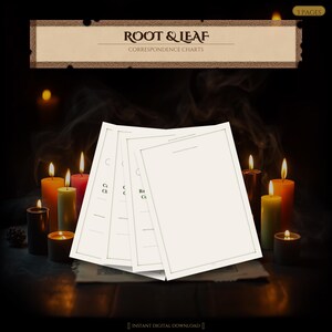 May include: A stack of cream-colored correspondence charts with the text "ROOT & LEAF" and "CORRESPONDENCE CHARTS" above. The image is set against a dark background with lit candles, creating a mystical ambiance. The words "3 PAGES" and "INSTANT DIGITAL DOWNLOAD" are also visible.
