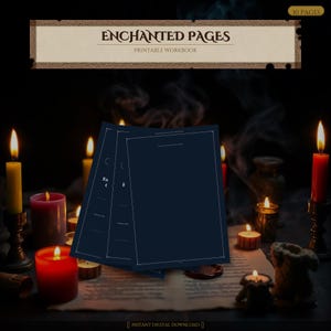 May include: A printable workbook titled "Enchanted Pages" with a dark blue cover, surrounded by lit candles. The image includes the text "Instant Digital Download" and "30 Pages". The scene evokes a mystical, magical theme.