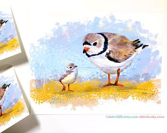 Piping Plovers card and print - mother plover with baby plover chick!