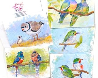 Birb Bird Cards - Horizontal Cards of Piping Plovers, Masked Trogrons, Cuban Tody, and Pigeons!