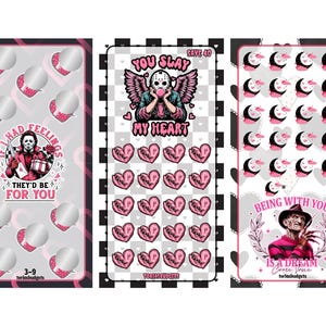 May include: Three Valentine's Day themed scratch-off cards with horror movie characters. The cards feature pink hearts, silver scratch-off areas, and text like "If I Had Feelings, They'd Be For You."