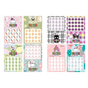May include: A collection of eight colorful Easter-themed sticker sheets. Each sheet features cartoon characters, Easter eggs, and bunnies. Some sheets include numbers and the word "EASTER". The backgrounds are pastel colors with patterns.