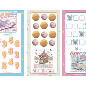 May include: Three colorful Disney-themed budget trackers. The left one has a monorail graphic and text "PLEASE STAND CLEAR of the Doors" and "Save 70". The middle one has a Disneyland graphic. The right one has a Mickey Mouse graphic and text "KEEP IT 100".