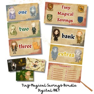 Puede incluir: Un conjunto de tarjetas ilustradas con temática de Harry Potter. Las tarjetas presentan personajes, números y frases como "Tiny Magical Savings" y "bank". La paleta de colores incluye beige, marrón y acentos de rojo, azul y verde. También está presente el texto "Digital ONLY".