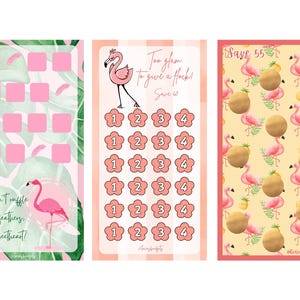 May include: Three pink and green flamingo-themed planner inserts. One insert features a flamingo illustration with the text "Don't ruffle my feathers, Sweetheart!". Another insert has a flamingo illustration with the text "Too glam to give a flock! Save $...". The third insert has a flamingo pattern with the text "Save 55".