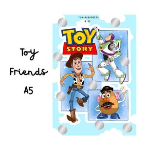 May include: A5-sized print featuring characters from the animated film "Toy Story." The design includes Woody, Buzz Lightyear, and Mr. Potato Head, set against a light blue background with silver accents. The words "Toy Story" are prominently displayed.