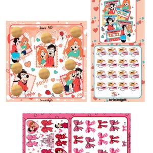 May include: A collection of pink and peach-colored printable sheets featuring cartoon characters and decorative elements. The sheets include images of couples, bows, and cassette tapes. Some sheets have the text "Save 40" and "love forever".