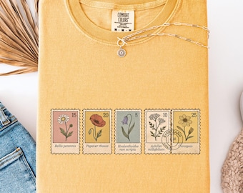 Botanical Stamp Shirt, Wildflower Postage Graphic Tee, Vintage Floral T-Shirt, Nature Lover Comfort Colors Shirt