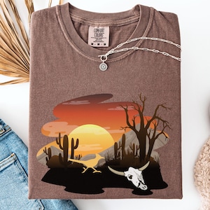 Southwest Desert Sunset Tee: Roadrunner, Skull & Cactus Graphic - Comfort Colors