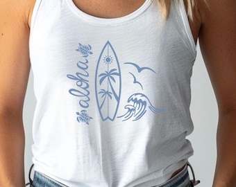 Surfboard Beach Tank, Coastal Summer Shirt, Beach Vacation Tank Top, Ocean Lover Shirt, Summer Graphic Tee