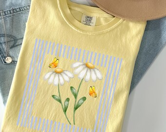 Daisy Wildflower Shirt, Floral Stripe Frame Tee, Cottagecore Flower Shirt, Botanical Graphic Tee, Comfort Colors® Shirt