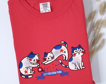 Patriotic Cat Shirt, Let Freedom Purr Tee, Funny Cat Mom Shirt, Red White Blue Cat Lover Gift, Fourth of July Cat Tee