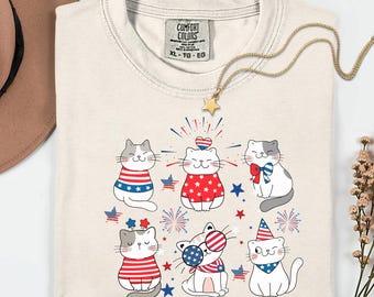 Patriotic Cat Shirt, 4th of July Cat Lover Tee, USA Cat Comfort Colors Shirt, American Flag Cat Graphic Tee, Independence Day Cat Shirt