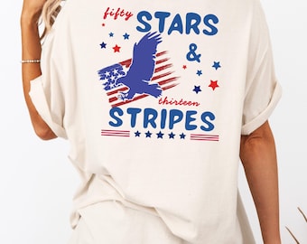 Patriotic Back Print Shirt, Fifty Stars & Thirteen Stripes Tee, Retro Americana Comfort Colors Shirt