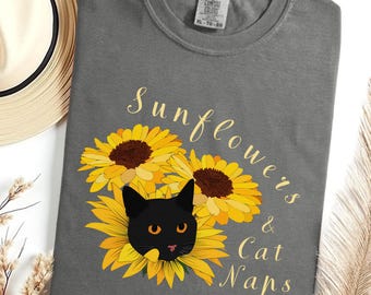 Sunflowers and Cat Naps T-Shirt, Black Cat and Sunflower Crewneck, Cozy Cat Lover Gift