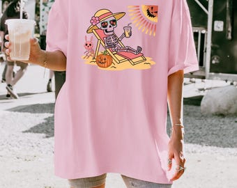 Summerween Skeleton Beach Tee: Comfort Colors Halloween Shirt