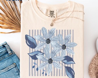 Blue Floral Shirt, Cottagecore Flower Tee, Vintage Botanical T-Shirt, Retro Stripe Floral Shirt, Comfort Colors® Tee