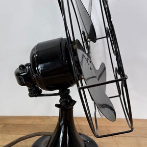 Pu&ograve; includere: Un ventilatore elettrico nero vintage con una gabbia e tre pale. Il ventilatore ha una finitura lucida e una base rotonda. Le pale sono angolate e il ventilatore &egrave; posizionato su una superficie di legno.