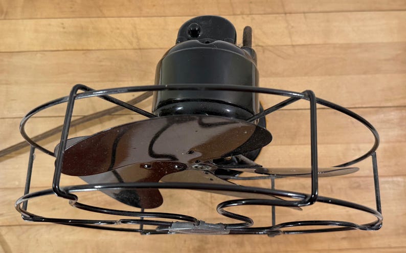Pu&ograve; includere: Ventilatore elettrico nero vintage con tre pale e una gabbia protettiva. Il ventilatore ha un alloggiamento motore e pale neri e una gabbia in metallo nero. Il ventilatore &egrave; appoggiato su una superficie di legno.
