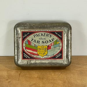 Packer&#39;s Tar Soap Tin, Packer&#39;s Healing Tar Soap Packaging, Old Metal Tin