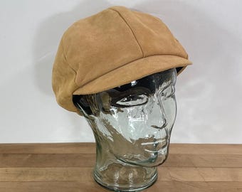6 Panel Brown Cowhide Suede Short Brim Cap, Small Baseball Style Mod Cap