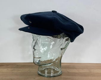 8 Panel Navy Blue Wool Snap Front Hat by Harvard, Leather Sweatband, Tag size 7 1/8