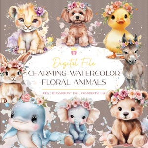 Blumen Aquarell Tiere Clipart-Set | 8 hochwertige PNG-Bilder: Löwe, Hund, Ente, Kaninchen, Elefant, Delfin, Bär, Esel + Bonus im Inneren