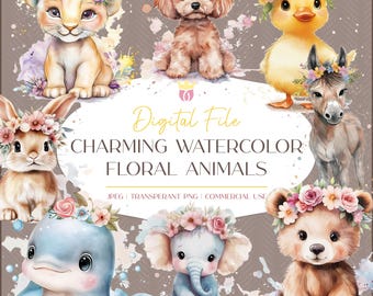 Clipart de animales con acuarela floral: Imágenes PNG + Documentos adicionales (Descarga digital)