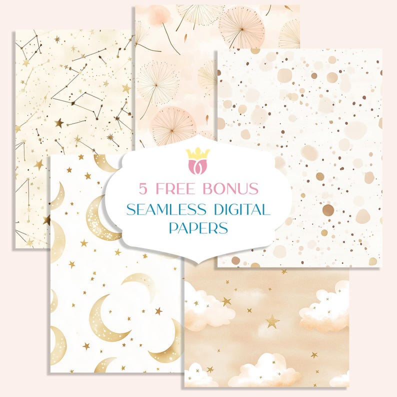 Puede incluir: Cinco papeles digitales sin costuras de bonificaci&oacute;n gratuitos con una variedad de dise&ntilde;os, que incluyen constelaciones, lunas, dientes de le&oacute;n y nubes. Los papeles est&aacute;n en un esquema de color beige claro y dorado.