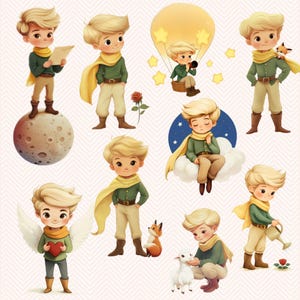 Puede incluir: Una colecci&oacute;n de ilustraciones con un joven pr&iacute;ncipe en varias escenas. El pr&iacute;ncipe est&aacute; representado con una bufanda amarilla y una chaqueta verde. Se le muestra en un planeta, en un globo aerost&aacute;tico, en una nube y con un zorro y un cordero.