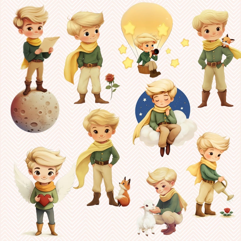 Puede incluir: Una colecci&oacute;n de ilustraciones con un joven pr&iacute;ncipe en varias escenas. El pr&iacute;ncipe est&aacute; representado con una bufanda amarilla y una chaqueta verde. Se le muestra en un planeta, en un globo aerost&aacute;tico, en una nube y con un zorro y un cordero.