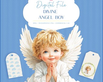 May include: Digital file of a white angel boy with blonde hair and blue eyes. He is wearing a white robe and has his hands clasped in prayer. The image is set against a blue background with a white border. The text "Digital File Divine Angel Boy" is written in a white font on a white background.