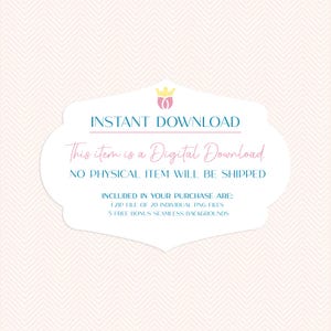 Puede incluir: Un rect&aacute;ngulo blanco con esquinas redondeadas y un borde turquesa. El texto "INSTANT DOWNLOAD" est&aacute; en turquesa, y el texto "This item is a Digital Download. NO PHYSICAL ITEM WILL BE SHIPPED" est&aacute; en turquesa. El texto "INCLUDED IN YOUR PURCHASE ARE: 1 ZIP FILE OF 20 INDIVIDUAL PNG FILES 5 FREE BONUS SEAMLESS BACKGROUNDS" est&aacute; en turquesa.