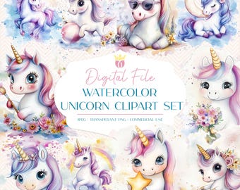 Conjunto de imágenes prediseñadas de unicornios en acuarela / 10 imágenes transparentes de alta calidad / Lindos unicornios bebés / Primer cumpleaños / Uso comercial / 300 DPI