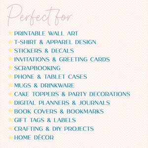 Puede incluir: Una lista de usos para dise&ntilde;os digitales, que incluyen arte de pared imprimible, dise&ntilde;o de camisetas y ropa, pegatinas y calcoman&iacute;as, invitaciones y tarjetas de felicitaci&oacute;n, scrapbooking, fundas para tel&eacute;fonos y tabletas, tazas y vajilla, adornos para pasteles y decoraciones para fiestas, planificadores digitales y diarios, cubiertas de libros y marcap&aacute;ginas, etiquetas para regalos y etiquetas, proyectos de manualidades y bricolaje, y decoraci&oacute;n del hogar.