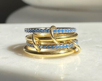 925 Silver Multi Link Connected Ring - Chunky Aqua Cz Interlocking Zircon Ring, Eternity Statement Stacking Ring, Promise Ring For Her