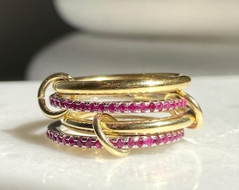 925 Silver Multi Link Connected Ring - Chunky Pink Cz Interlocking Zircon Ring, Eternity Statement Stacking Ring, Promise Ring For Her