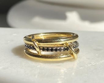 925 Silver Multi Link Connected Ring - Chunky Black Cz Interlocking Zircon Ring, Eternity Statement Stacking Ring, Promise Ring For Her