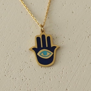 925 Silver Enamel Hamsa Hand Necklace, Fatima Hand Necklace, Good Luck Necklace, Gold Evil Eye Protection Amulet,  Spiritual Jewelry