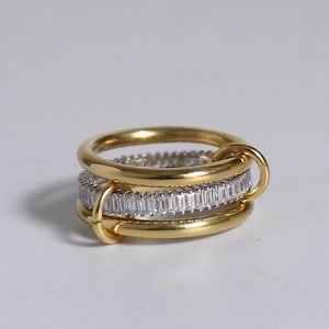 925  Silver Multi Link Connected Ring - Chunky Gold Plated Interlocking Zircon Ring, Eternity Baguette Stacking Ring, Promise Ring For Her