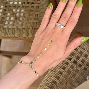 Silver Chain Hand Bracelet with Colorful Gemstones – Dainty Boho Hand Harness – Adjustable Slave Bracelet – Rainbow Sahmeran Jewelry