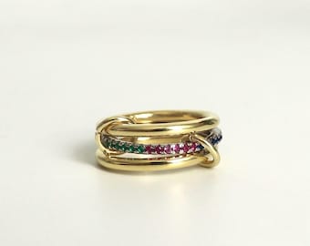 925  Silver Multi Link Connected Ring - Chunky Colorful Cz Interlocking Zircon Ring, Eternity Statement Stacking Ring, Promise Ring For Her