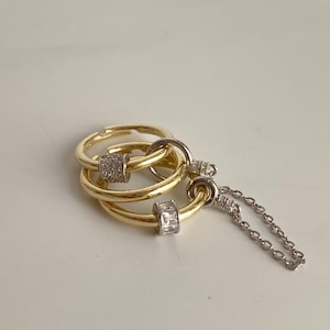 Triple Ring With Chain,Double Ring With Chain,Two Tone Ring,Statement Ring,Chunky Ring,925 Sterling Silver,14k Gold Plated,Gift For Her