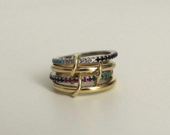 925  Silver Multi Link Connected Ring - Chunky Colorful Cz Interlocking Zircon Ring, Eternity Statement Stacking Ring, Promise Ring For Her