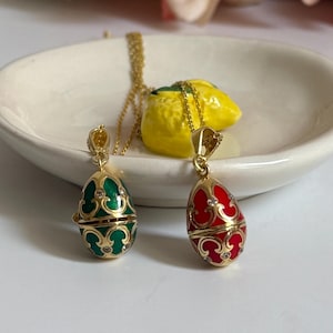 925 Sterling Silver Egg Pendant Necklace, Enamel Locket Charm, Fabergé Style Jewelry, Red & Green Egg Necklace, Vintage Inspired Gift