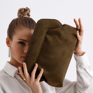 Bolso de mano de gamuza con forro de piel vegana, cierre magnético, hecho a mano, grande, minimalista, suave, HEYBES Monaco, regalo para ella, bolsos