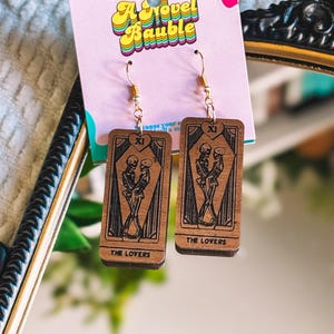 The Lovers Tarot Card Earrings, Wooden Tarot Earrings, Witchy Romance Jewelry, Occult Aesthetic Accessories, Celestial Statement