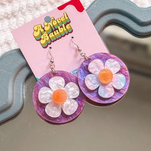 Groovy Flower Power Earrings, Retro Statement Dangles, Funky 70s Inspired Acrylic Earrings, Lightweight Colorful Jewelry