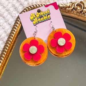 Groovy Flower Power Earrings, Retro Statement Dangles, Funky 70s Inspired Acrylic Earrings, Lightweight Colorful Jewelry