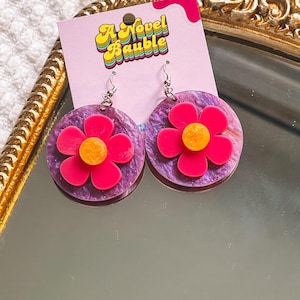 Groovy Flower Power Earrings, Retro Statement Dangles, Funky 70s Inspired Acrylic Earrings, Lightweight Colorful Jewelry